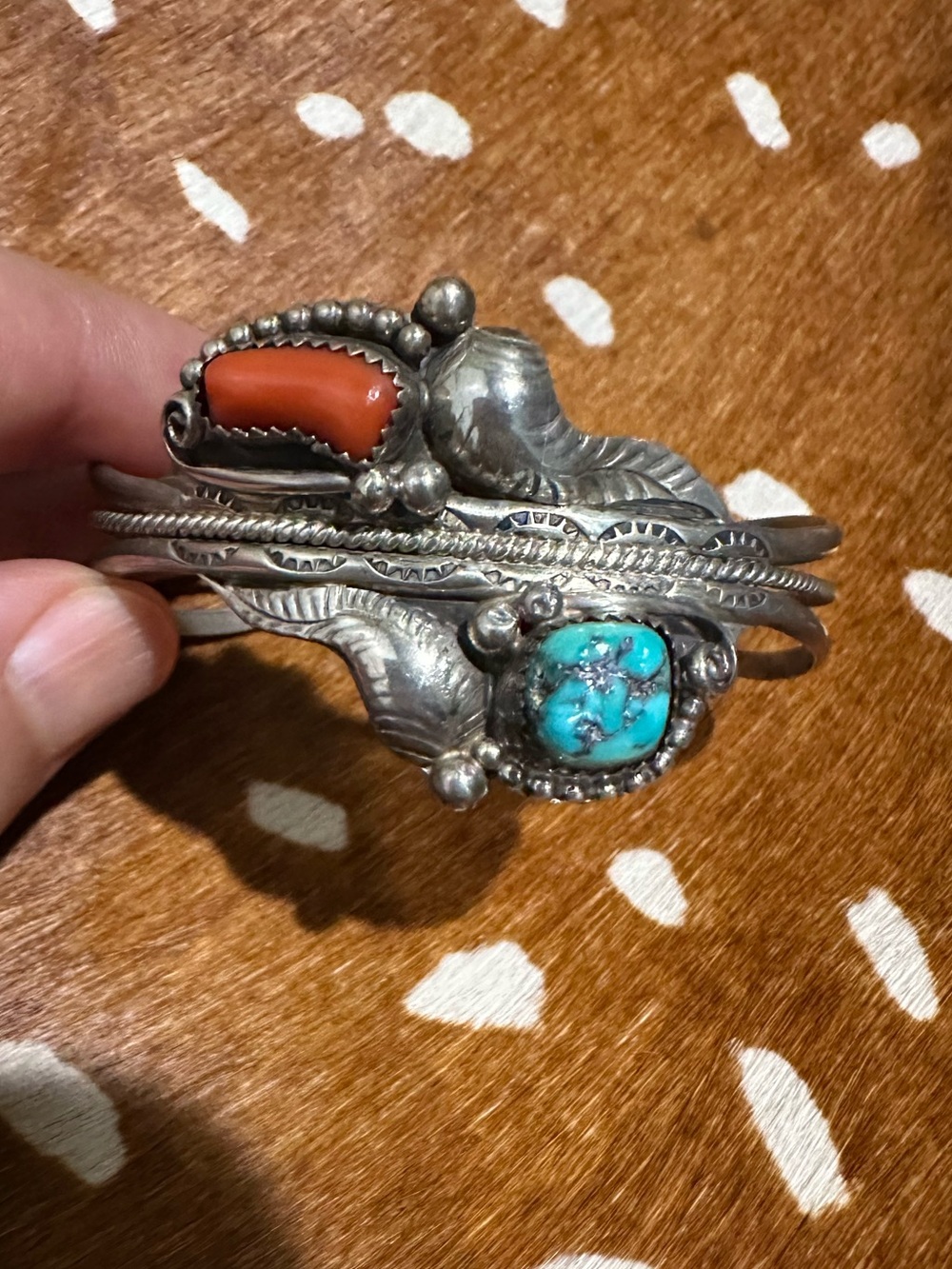 Vintage Sterling Turquoise and Coral Native, Navajo, Southwestern Cuff Bracelet